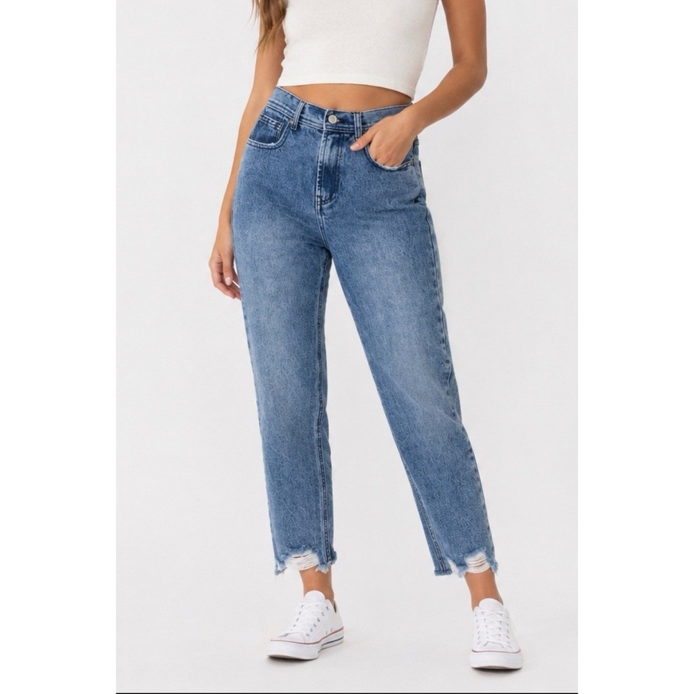 Wishlist High Rise Mom Jeans S 27x27 Medium Wash 100% Cotton Distressed Raw Hem